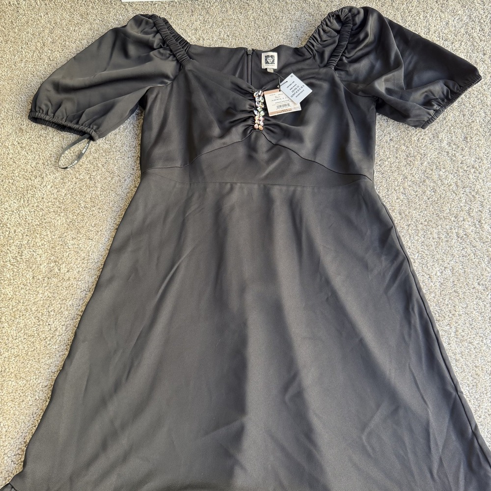 Anne Klein Dress Womens 12 Black Satin Puff Sleeve Square Neck Mermaid Gown